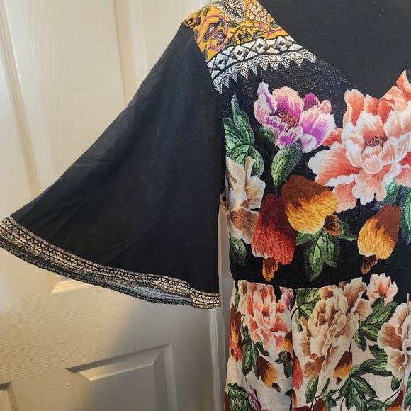 FARM Rio Anthropologie Maxi Dress Large Floral Boho Flare Sleeve Esmeralda Black - Picture 7 of 13